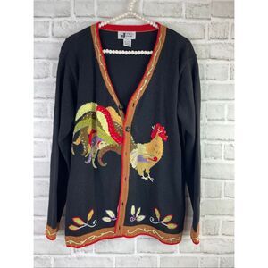 JTWO New York 90s Vintage Vibrant Black Cardigan Rooster Embroidery And Beaded W